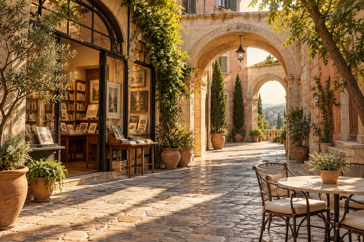 AI-generated fictional stone courtyard and bookshop